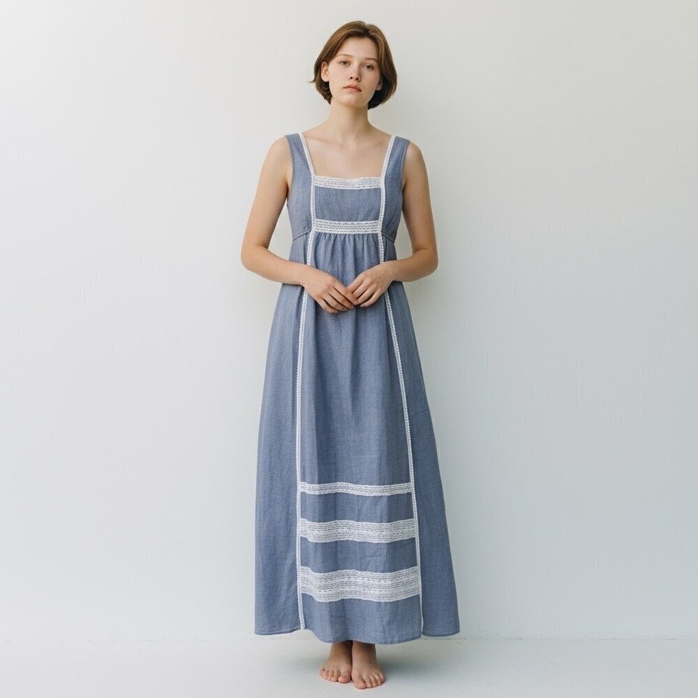 NWT Vtg Vassarette Blue Gingham Lace Trim Milkmaid Maxi Dress Nightgown Size 9